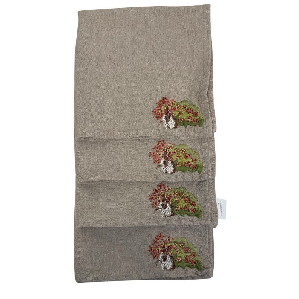 Pottery Barn Bunny Rabbit Embroidered Napkins Set Of 4 Linen Cotton Beige Easter